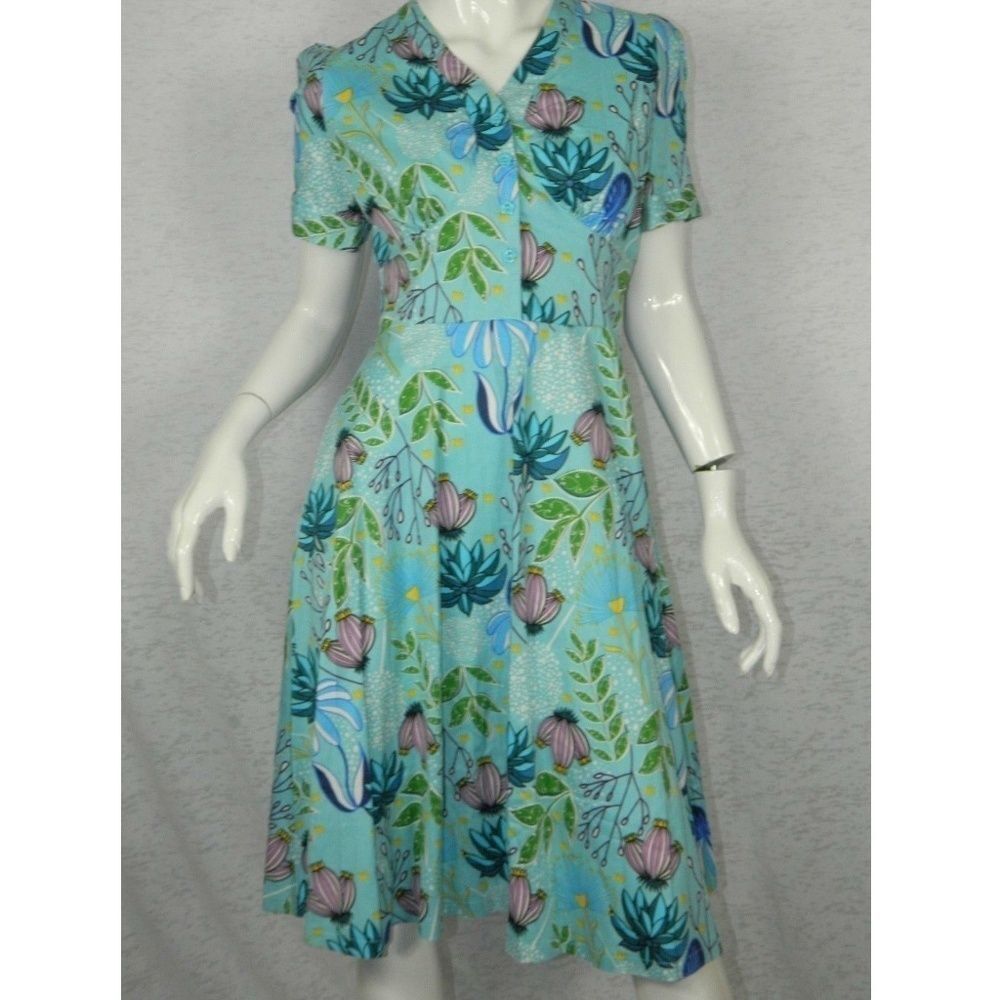 Lindy Bop Dress Turquoise Blue Floral Print‎ Pinup Swing Dress Size 10
